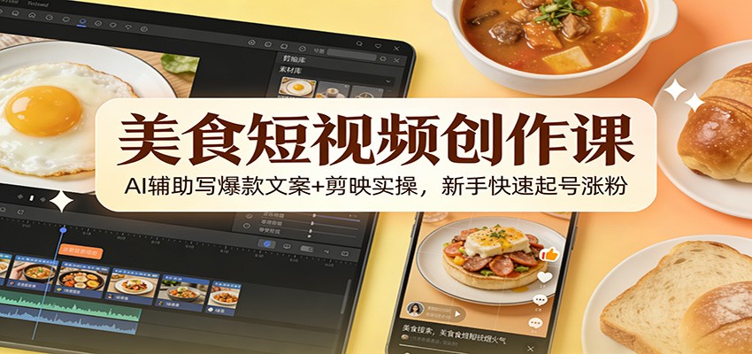 美食短视频创作课:AI辅助写爆款文案+剪映实操,新手快速起号涨粉 美食短视频创作课:AI辅助写爆款文案+剪映实操,新手快速起号涨粉