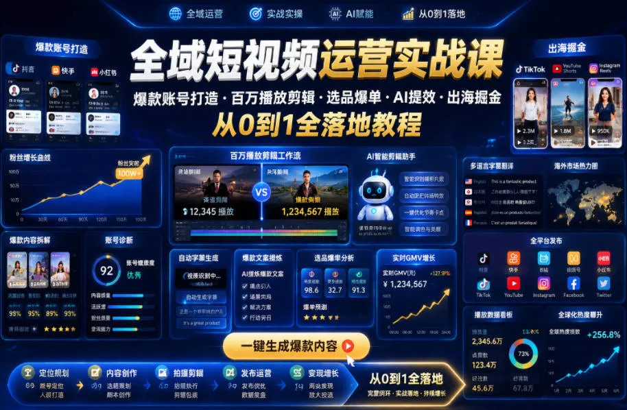 全域短视频运营实战课，爆款账号打造・百万播放剪辑・选品爆单・AI提效・出海掘金，从0到1全落地教程-卓越网创