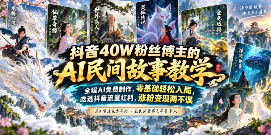 抖音40W粉丝博主的AI民间故事教学，全程AI免费制作，零基础轻松入局，吃透抖音流量红利，涨粉变现两不误-卓越网创