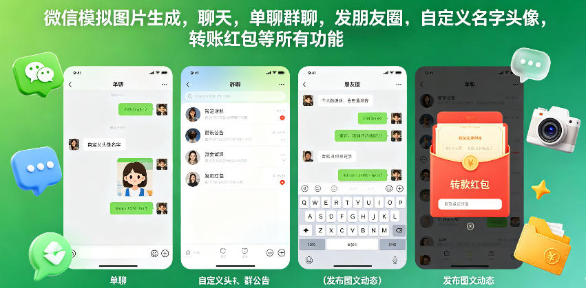 微信模拟图片生成，聊天，单聊群聊，发朋友圈，自定义名字头像，转账红包等所有功能都可以生成-卓越网创
