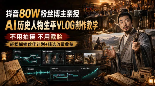 抖音80W粉丝博主的AI历史人物生平VLOG教学,不用拍摄不用露脸,AI帮你搞定,轻松解锁伙伴计划+精选收益-卓越网创