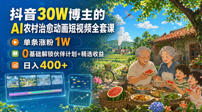 抖音30W博主的AI农村治愈动画短视频全套课|单条涨粉1W,0基础解锁伙伴计划+精选收益,日入400+-卓越网创