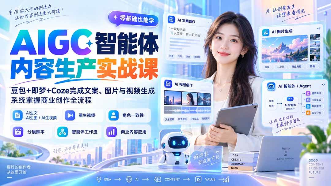 （20372期）AIGC智能体内容生产实战课：豆包+即梦+Coze完成文案、图片与视频生成，系统掌握商业创作全流程-卓越网创