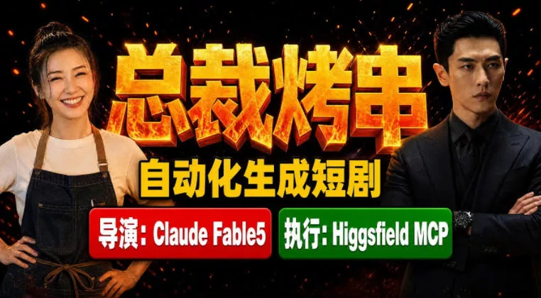Claude Fable5担任导演+Higgsfield MCP落地执行|《总裁烤串》真人质感短剧全自动AI生成全流程教学 Claude Fable5担任导演+Higgsfield MCP落地执行|《总裁烤串》真人质感短剧全自动AI生成全流程教学