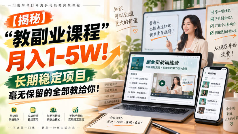 【揭秘】“教副业课程”月入1-5W!长期稳定项目,毫无保留的全部教给你!-卓越网创