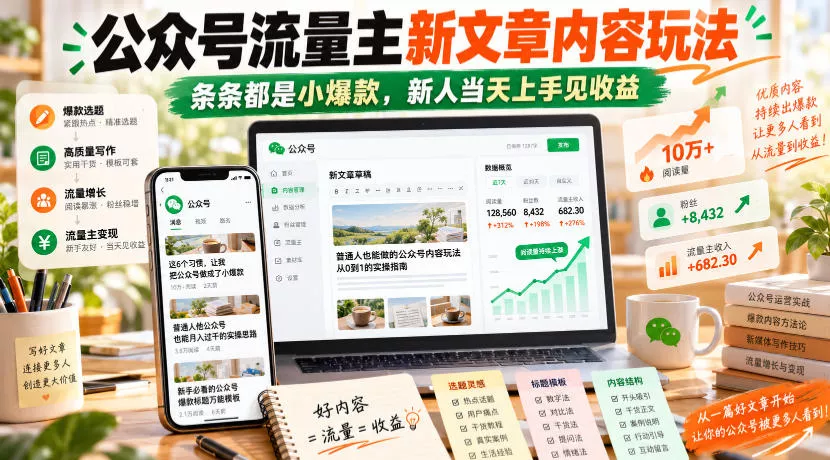 公众号流量主新文章内容玩法，条条都是小爆款，新人当天上手见收益-卓越网创