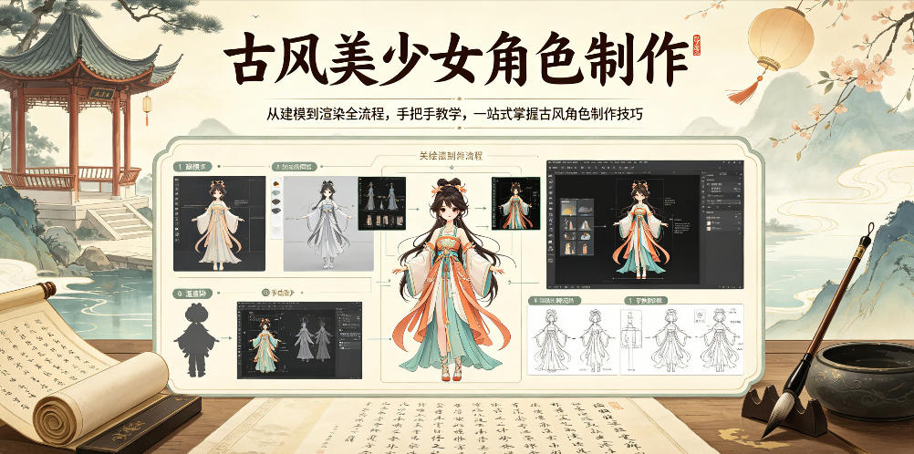 古风美少女角色制作，从建模到渲染全流程，手把手教学，一站式掌握古风角色制作技巧-卓越网创