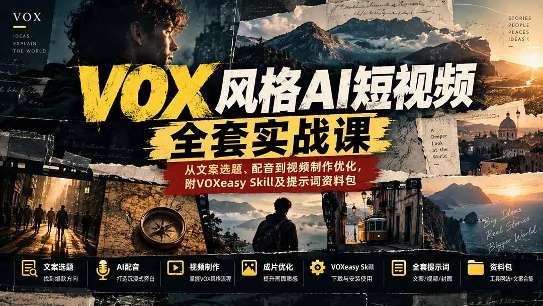 【无水印】VOX风格AI短视频全套实战课：从文案选题、配音到视频制作优化，附VOXeasy Skill及提示词资料包-卓越网创