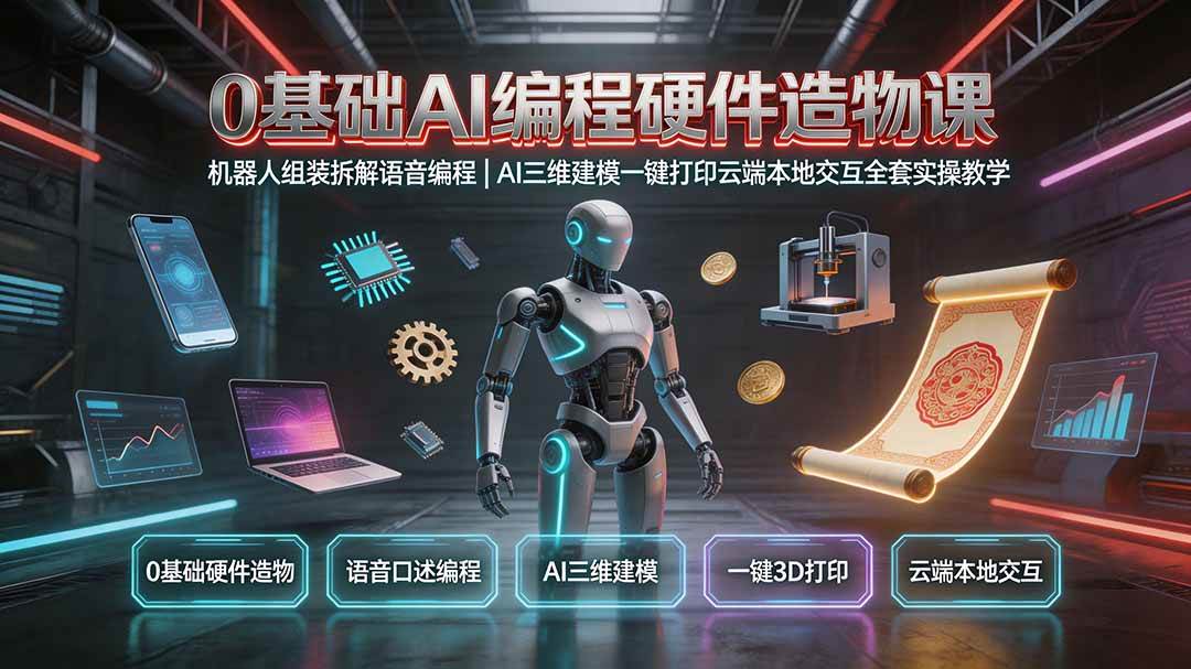 （19612期）0基础AI编程硬件造物课｜机器人组装拆解语音编程，AI三维建模一键打印云端本地交互全套实操教学-卓越网创