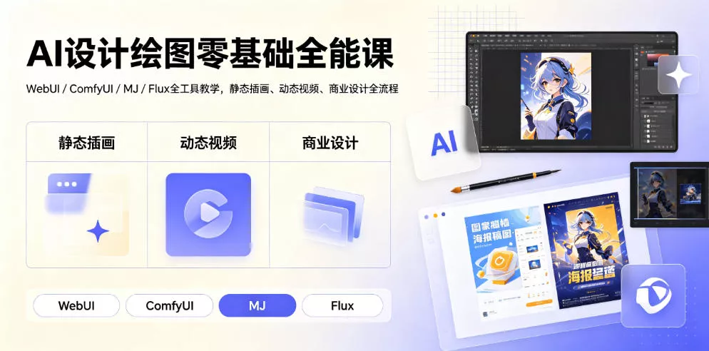 AI设计绘图零基础全能课｜WebUI/ComfyUI/MJ/Flux全工具教学，静态插画、动态视频、商业设计全流程-卓越网创