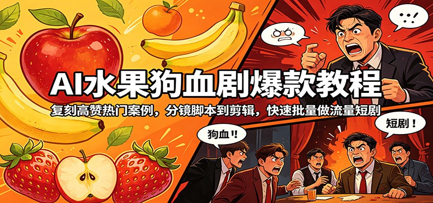 AI水果狗血剧爆款教程：复刻高赞热门案例，分镜脚本到剪辑，快速批量做流量短剧-卓越网创