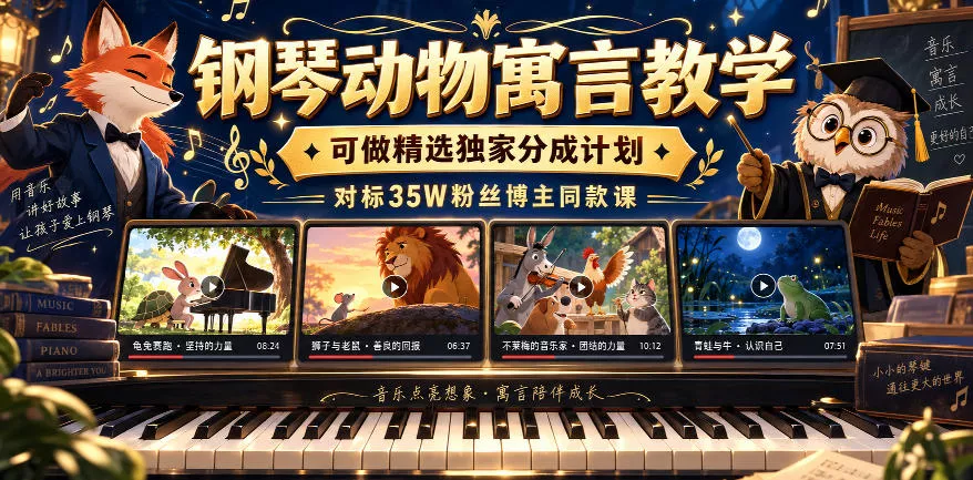 钢琴动物寓言教学,可做精选独家分成计划,对标35W粉丝博主同款课-卓越网创