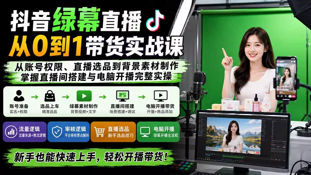 抖音绿幕直播从0到1带货实战课:从账号权限、直播选品到背景素材制作,掌握直播间搭建与电脑开播完整实操 抖音绿幕直播从0到1带货实战课:从账号权限、直播选品到背景素材制作,掌握直播间搭建与电脑开播完整实操