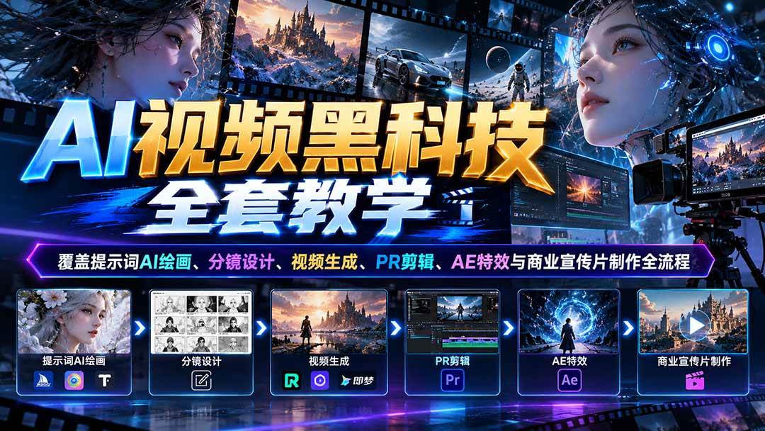 （21095期）AI视频黑科技全套教学：覆盖提示词AI绘画、分镜设计、视频生成、PR剪辑、AE特效与商业宣传片制作全流程-卓越网创