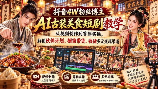 抖音4W粉丝博主AI古装美食短剧教学，从视频制作到剪辑实操，解锁伙伴计划、橱窗带货、收徒多元变现渠道-卓越网创