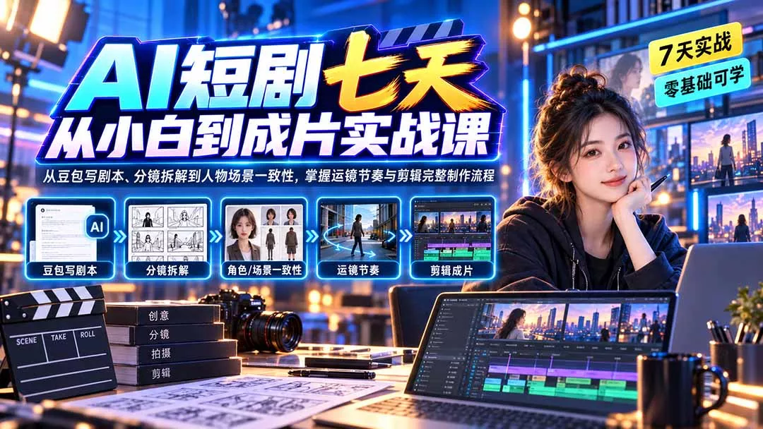 AI短剧七天从小白到成片实战课:从豆包写剧本、分镜拆解到人物场景一致性,掌握运镜节奏与剪辑完整制作流程-卓越网创