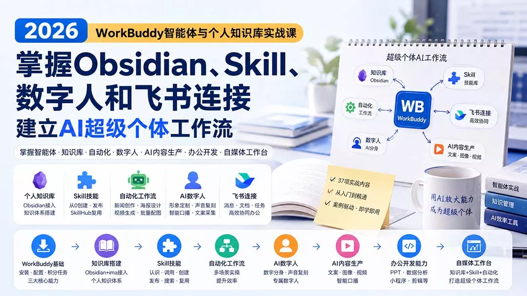 2026 WorkBuddy智能体与个人知识库实战课:掌握Obsidian、Skill、数字人和飞书连接,建立AI超级个体工作流 2026 WorkBuddy智能体与个人知识库实战课:掌握Obsidian、Skill、数字人和飞书连接,建立AI超级个体工作流