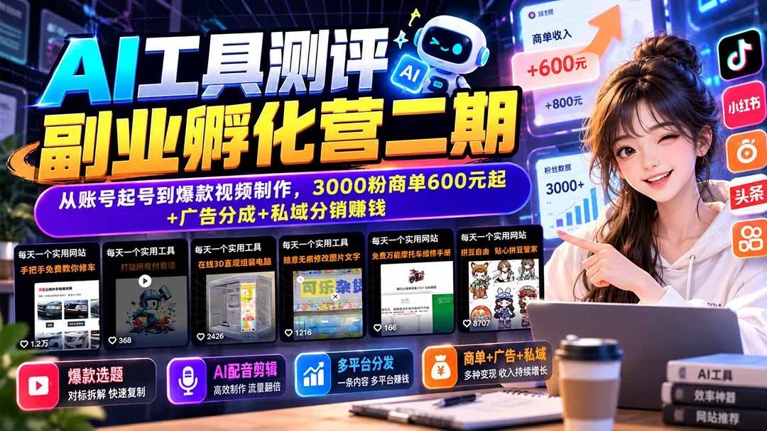 AI工具测评副业孵化营二期：从账号起号到爆款视频制作，3000粉商单600元起+广告分成+私域分销赚钱-卓越网创