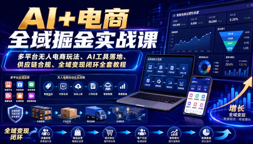 AI+电商全域掘金实战课|多平台无人电商玩法、AI工具落地、供应链合规、全域变现闭环全套教程-卓越网创