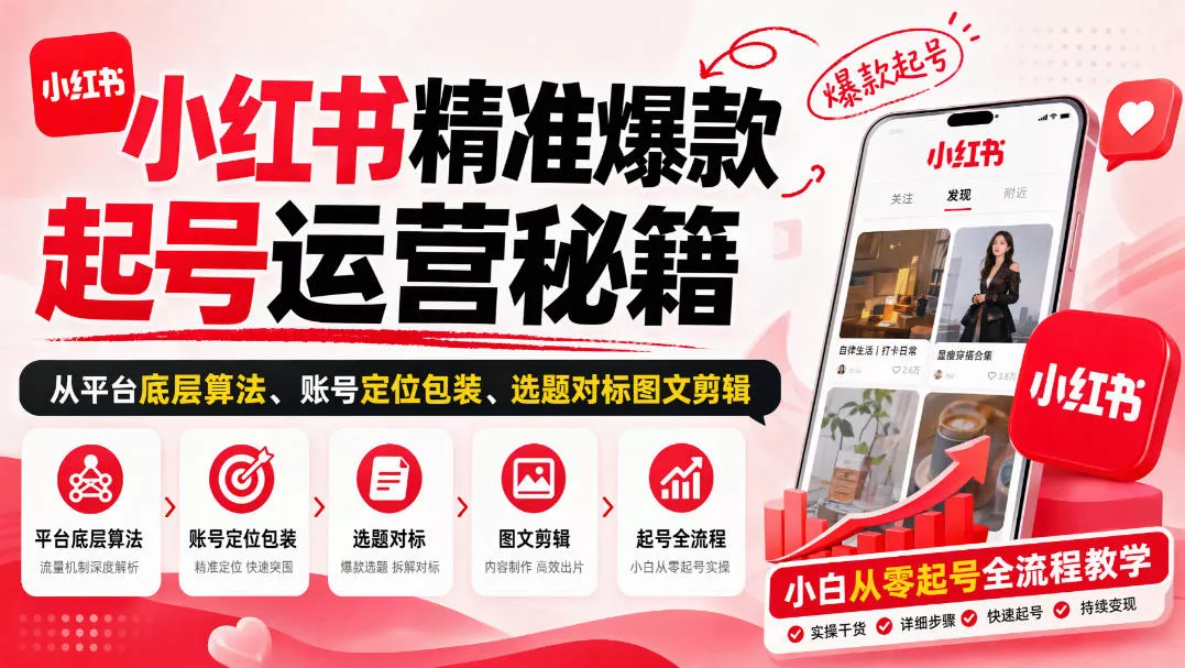 小红书精准爆款起号运营秘籍，从平台底层算法、账号定位包装、选题对标图文剪辑，小白从零起号全流程-卓越网创