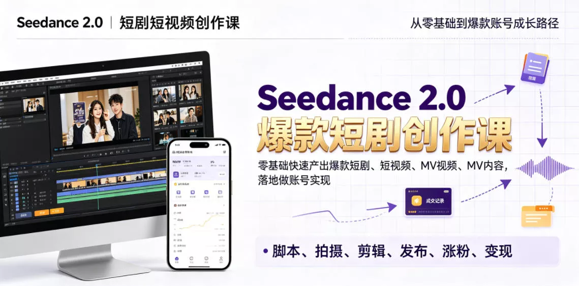 Seedance 2.0短剧短视频创作课,零基础快速产出爆款短剧、短视频、MV内容,落地做账号实现变现-卓越网创