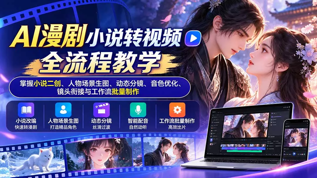 AI漫剧小说转视频全流程教学：掌握小说二创、人物场景生图、动态分镜、音色优化、镜头衔接与工作流批量制作-卓越网创