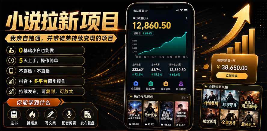 （19379期）抖音及多平台小说拉新项目：我亲自跑通并持续带徒弟实操｜0基础小白5天上手快速变现-卓越网创