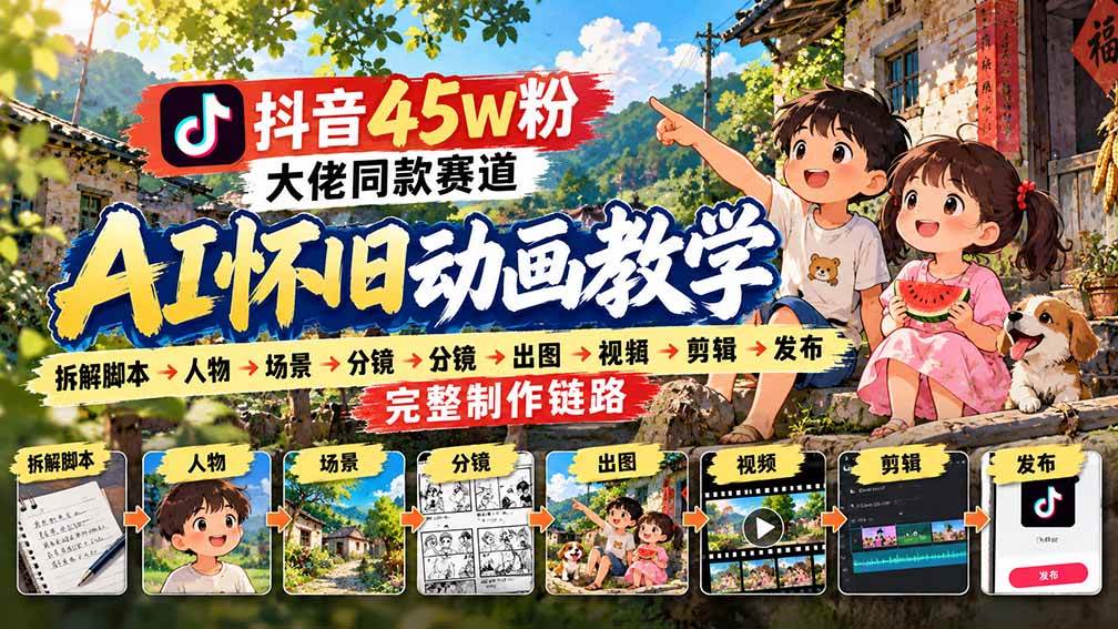 （20781期）抖音45W粉大佬同款赛道AI怀旧动画教学：拆解脚本→人物→场景→分镜→出图→视频→剪辑→发布完整制作链路-卓越网创